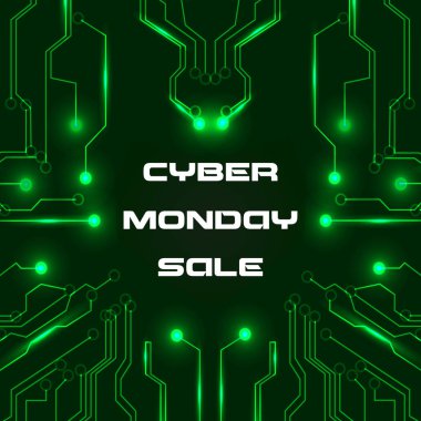 Siber Pazartesi Satışı afişi. Koyu yeşil arka planda, parlak ışıltılı bir elektrik devresi. Vektör illüstrasyonu 