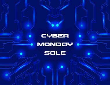 Siber Pazartesi Satışı afişi. Koyu mavi arka planda, parlak ışıltılı bir elektrik devresi. Vektör illüstrasyonu