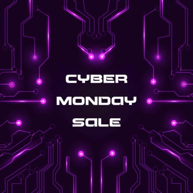 Siber Pazartesi Satışı afişi koyu mor arka planda, parlak pırıltılarla çevrili. Vektör illüstrasyonu