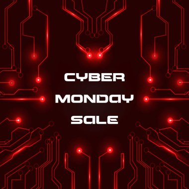 Siber Pazartesi Satışı afişi. Koyu kırmızı arka planda, parlak pırıltılı bir elektrik devresi. Vektör illüstrasyonu