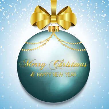 Mavi Noel balosu, altın kurdeleli ve fiyonklu, kış arkaplanlı, karlı. Mutlu noeller. Vektör illüstrasyonu