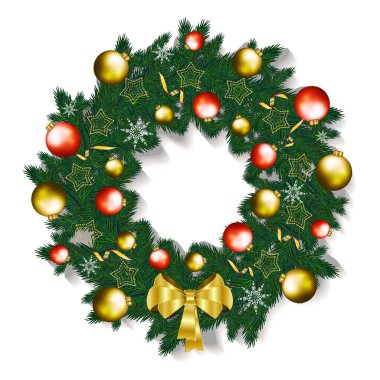 Toplu Noel çelengi ve beyaz arka planda izole edilmiş altın yay. Vektör illüstrasyonu