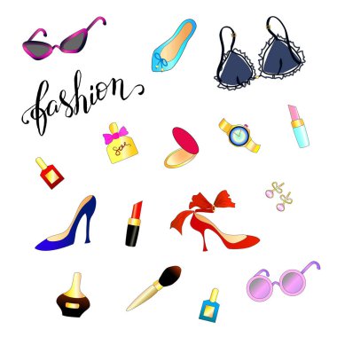 Kadınlar moda vektör simgesi setini doldurur. Moda seti beyaz arka planda. El çizimi vektör illüstrasyonu. 