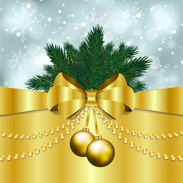 Weihnachtlicher Hintergrund Mit Tannenzweigen Und Goldenen Schleifen Und Kugeln Vektorillustration — Stockvektor