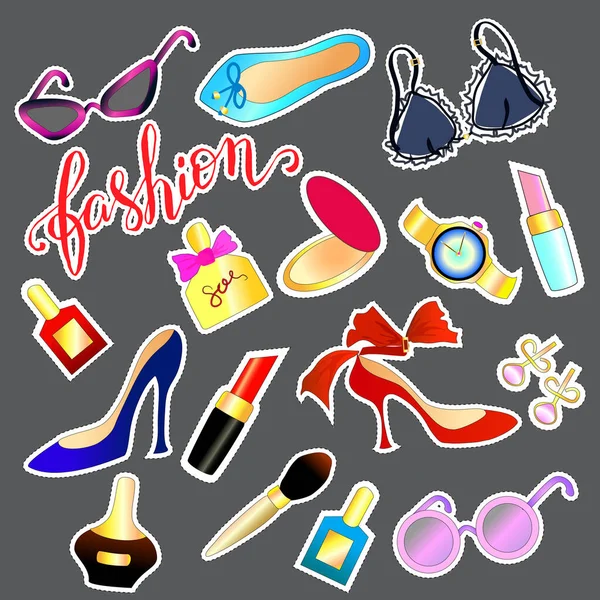 Fashion Icons Patch Lipstick Powder Shoes Earrings Perfume Other Items — Stock Vector