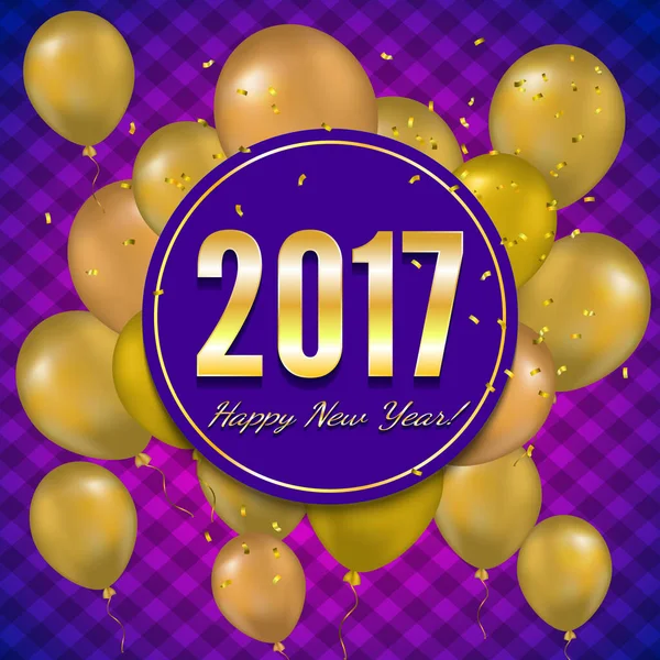 Feliz Ano Novo 2017 Cartão Com Balões Ouro Fundo Roxo — Vetor de Stock