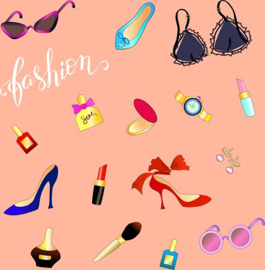 Pembe arka planda moda vektörü simgesi olan kadın eşyalarının kusursuz deseni. El çizimi vektör illüstrasyonu
