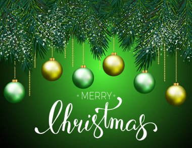 Noel tebrik kartının vektör çizimi üzerinde noel topları olan bir ağaç dalında asılı koyu yeşil arkaplanda el yazısıyla.