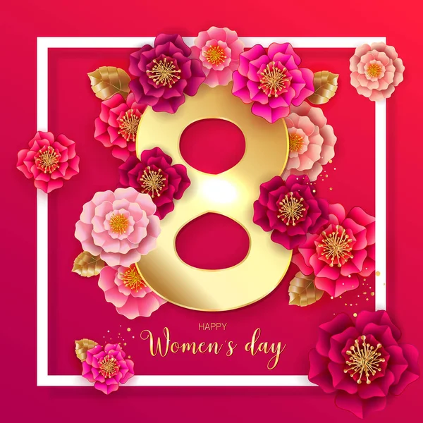 Березня Рожева Квіткова Листівка Міжнародний День Щасливих Жінок Папір Вирізав — стоковий вектор
