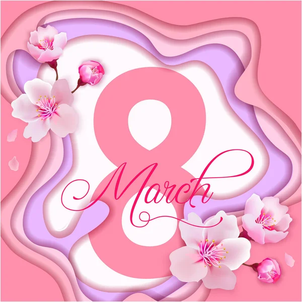 März Internationaler Frauentag Mit Blumen Kirschblüten Romantisches Papierschnittdesign Vektorillustration — Stockvektor