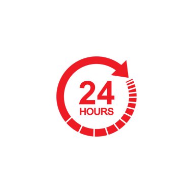 24 saat kırmızı saat simgesi düz stil. Beyaz izole edilmiş arka planda 24 saat açık vektör çizimi. Zaman çizelgesi iş kavramı