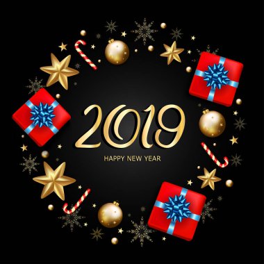 2019 Yeni Yıl Dekoratif Sınır Siyah Arkaplan Vektörü illüstrasyonunda Neşeli Elementlerden Yapıldı