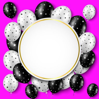 Beyaz, beyaz, parlak pembe arka planda siyah ve beyaz balonları olan bir pankart. Kart, poster, broşür ve kupon için vektör tatil geçmişi