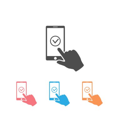 Akıllı telefon ekranında işaretle. Eller akıllı telefonu tutar ve parmaklar ekrana dokunur. Düz tasarım resimleme simgesi seti