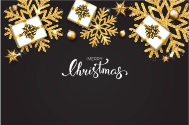Siyah arkaplanda el yazısıyla yazılmış mutlu noel mesajları, parlak altın kar taneleri, hediye kutuları. Kutlama tebrik kartı vektörü illüstrasyonu