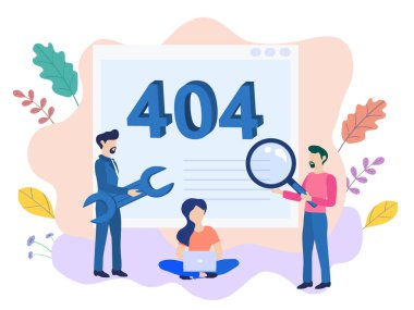 Web sayfası, pankart, sunum, sosyal medya, belgeler, kartlar, posterler için konsept 404 Hata Sayfası veya Dosya bulunamadı. Web sitesi bakım hatası, inşaat altında web sayfası Vektör illüstrasyonu, düz