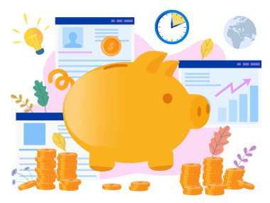 Kavramsal domuz kumbarası, başarılı takım, web sayfası, afiş, sunum, sosyal medya, posterler. Vektör illüstrasyon finansmanı, büyük kar, altın sikkeler