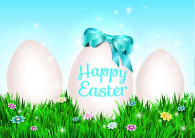 Çimenli ve çiçekli Paskalya arkaplanı. Vektör illüstrasyonu