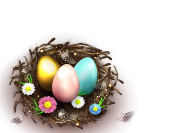 Paskalya bayramın kutlu olsun. Gerçekçi hasır yuvası, pembe, mavi ve altın yumurtaları, bahar çiçekleri ve beyaz üzerinde tavuk tüyleri olan güzel bir arka plan. Vektör illüstrasyonu