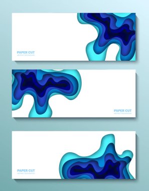 Yatay mavi pankartlar, üç boyutlu soyut arkaplan, beyaz kağıt kesim şekilleri. İş sunumları, el ilanları, posterler ve davetiyeler için vektör tasarımı. Oyma sanatı