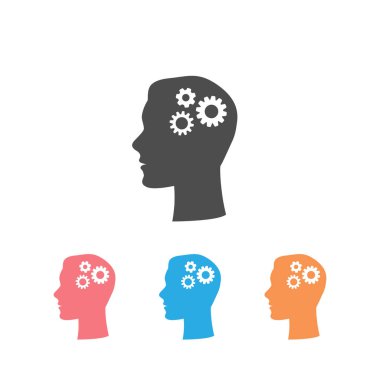 İnsan kafası düz simge seti ve içinde ekipman var. Vektör illüstrasyonu