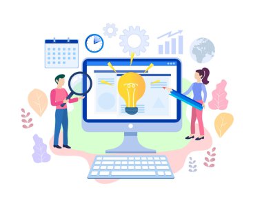 Web sayfası, afiş, sunum, sosyal medya, belgeler, kartlar, posterler için fikir. Şirkette birlikte çalışan vektör illüstrasyonu, beyin fırtınası, yaratıcı ürünler yapmak, başlangıç