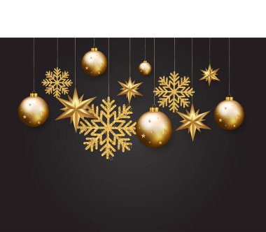 Noel, Yeni Yıl ve Kış elementleri, altın kar taneleri, kabarcıklar, siyah arka planda yıldızlar. Vektör illüstrasyonu