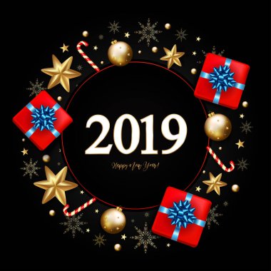 2019 Yeni Yıl Dekoratif Sınırı. Siyah arkaplandaki Festivalsel Elementlerden yapılmış. Vektör illüstrasyonu