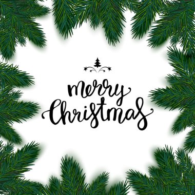 Gerçek bir Noel çerçevesi ve köknar. Mutlu noel tipografisi, çam ağacı süsleme sınır kartı. Vektör illüstrasyonu