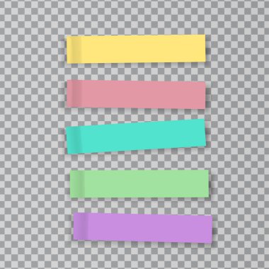 Şeffaf renkli çıkartma kağıtları. Kıvrımlı köşeli not kağıdı. Beyaz arkaplanda izole edilmiş vektör