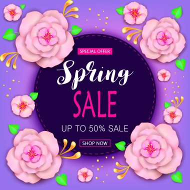 Çiçek Bahar Satışı kartı. Kağıt kesikli Çerçeve Çiçekleri ile tatil arka planı. Moda Tasarım Şablonu. Vektör illüstrasyonu