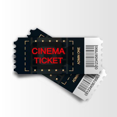 Beyaz arka planda izole edilmiş iki sinema bileti. Gerçekçi bir ön görüş çizimi. Tasarlanmış iki sinema biletinin üst görüntüsünü kapat.
