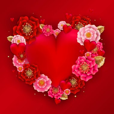 Renkli çiçekler ve kalplerle Sevgililer Günü bayrağınız kutlu olsun. Şablon, pankart, duvar kağıdı, el ilanı, davetiye, poster, broşür ve kupon indirimi için kullanılabilir. Vektör illüstrasyonu