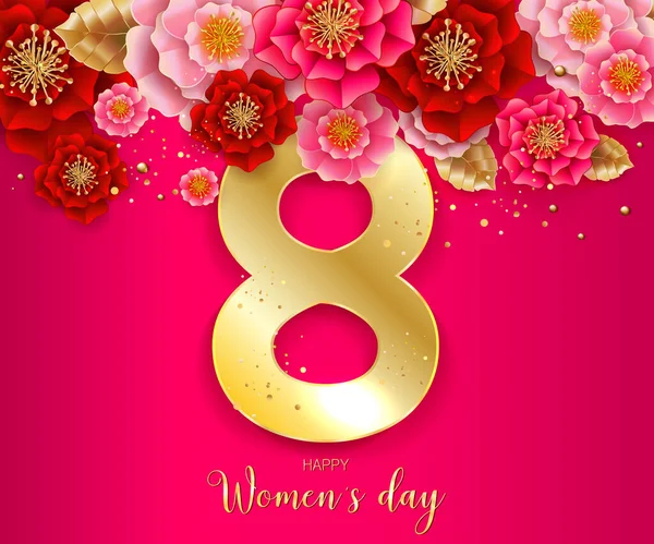 Марта Розовая Цветочная Открытка Международный Женский День Бумага Срезанный Цветок — стоковый вектор