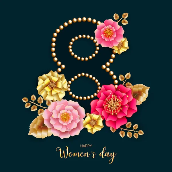 Março Cartão Felicitações Florais Dia Internacional Mulher Feliz Papel Cortado —  Vetores de Stock