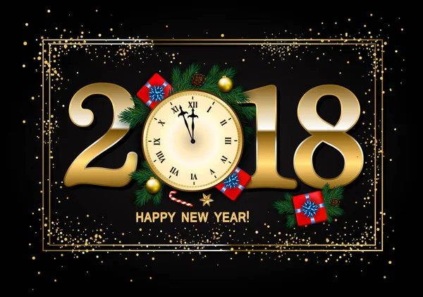 2018 New Year Background Clock Gift Box Candy Pox Pine — 스톡 벡터