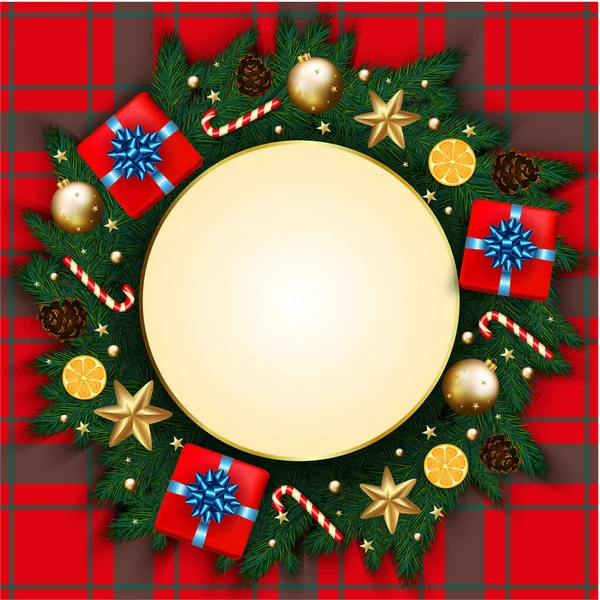 Frohe Weihnachten Banner Mit Geschenkbox Geschmückten Tannenzweigen Goldenen Sternen Und — Stockvektor