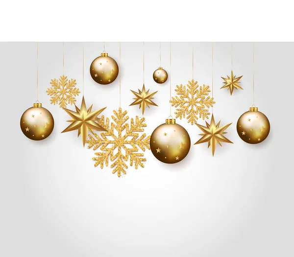 Рождество Новый Год Зима Элементы Золотые Снежинки Пузырьки Звезды Белом — стоковый вектор