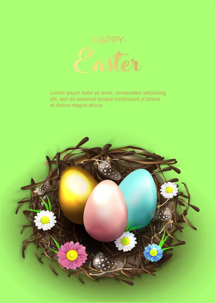 Happy Easter Holiday Greeting Banner Beautiful Background Realistic Wicker Nest — Stock Vector