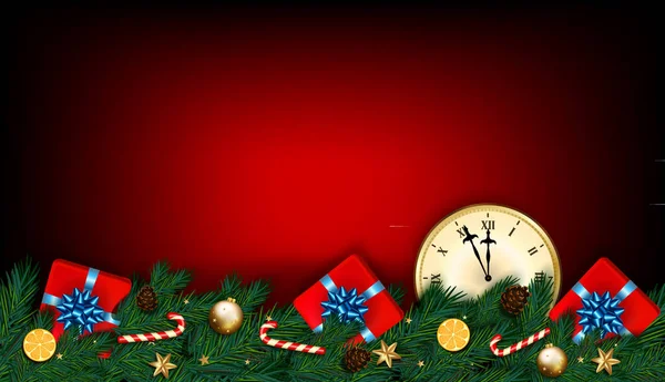 Feliz Ano Novo Fundo Natal Com Relógio Ramos Abeto Presentes —  Vetores de Stock