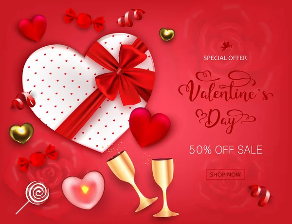 Feliz San Valentín Venta Banner Ilustración Vectorial Con Dulces Corazones — Vector de stock
