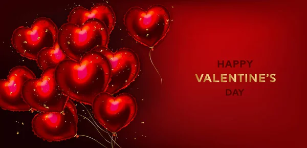 Hintergrund Zum Valentinstag Mit Roten Herzballons Und Goldenem Konfetti Romantische — Stockvektor