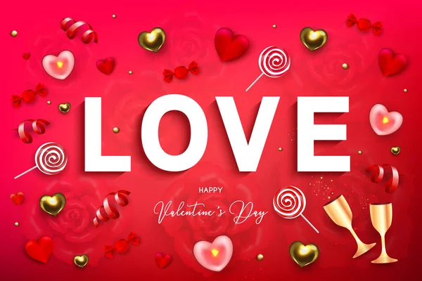Happy Valentine Day Holiday Web Banner Векторная Иллюстрация Конфетами Сердцами — стоковый вектор