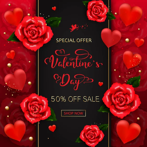 Día San Valentín Fondo Venta Con Corazones Rosas Burbujas Oro — Vector de stock