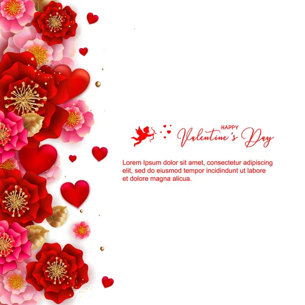 Feliz San Valentín Banner Con Hermosas Flores Colores Corazones Puede — Vector de stock