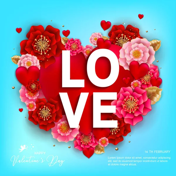 Happy Valentine Day Banner Beautiful Colorful Flowers Hearts Blue Background — стоковый вектор