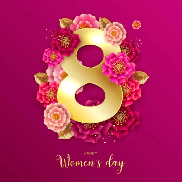 März Blumengrüßkarte Vorhanden Internationaler Frauentag Papier Geschnitten Blume Rosa Urlaub — Stockvektor