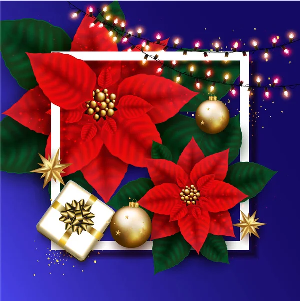 輝くガーランド ギフトボックス ゴールデンバブル 星と青の背景にポインセチアの花を持つメリークリスマスカード 冬のベクトル — ストックベクタ