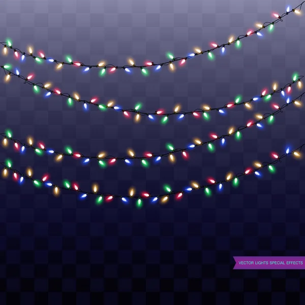 Set Christmas Glowing Garland Christmas Lights Isolated Transparent Background Vector — Stock Vector