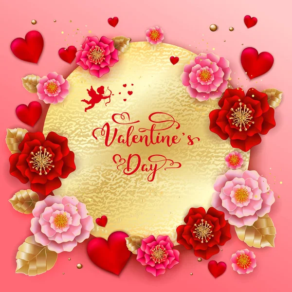 Feliz San Valentín Banner Con Hermosas Flores Colores Corazones Puede — Vector de stock